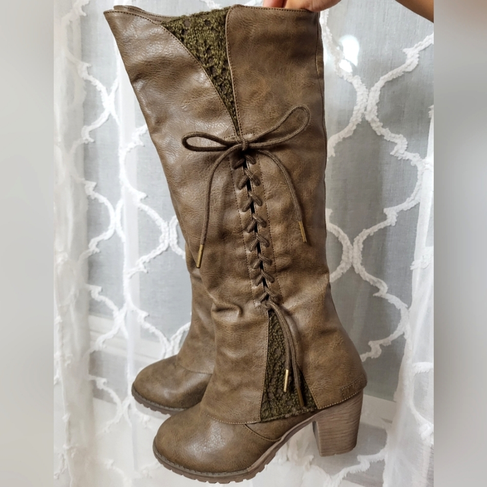 Lukees Brown Faux Leather and Green Knit Lace-up Knee High Boots